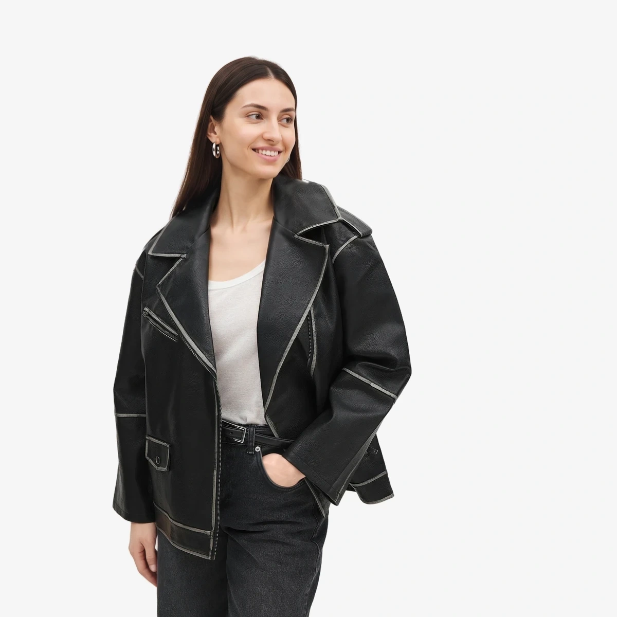 NA-KD Washed-Out Faux Leather Biker Jacket in Black