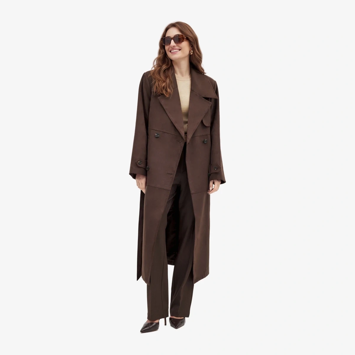 NA-KD Faux Suede Belted Trench Coat in Dark Brown
