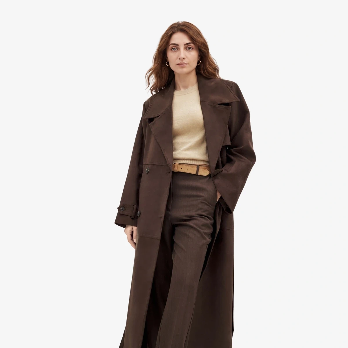 Faux Suede Belted Trench Coat view 3