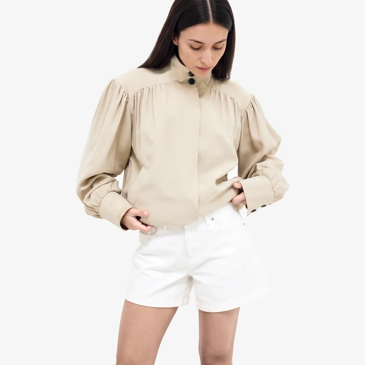 NA-KD High-Neck Gathered Jacket in Beige