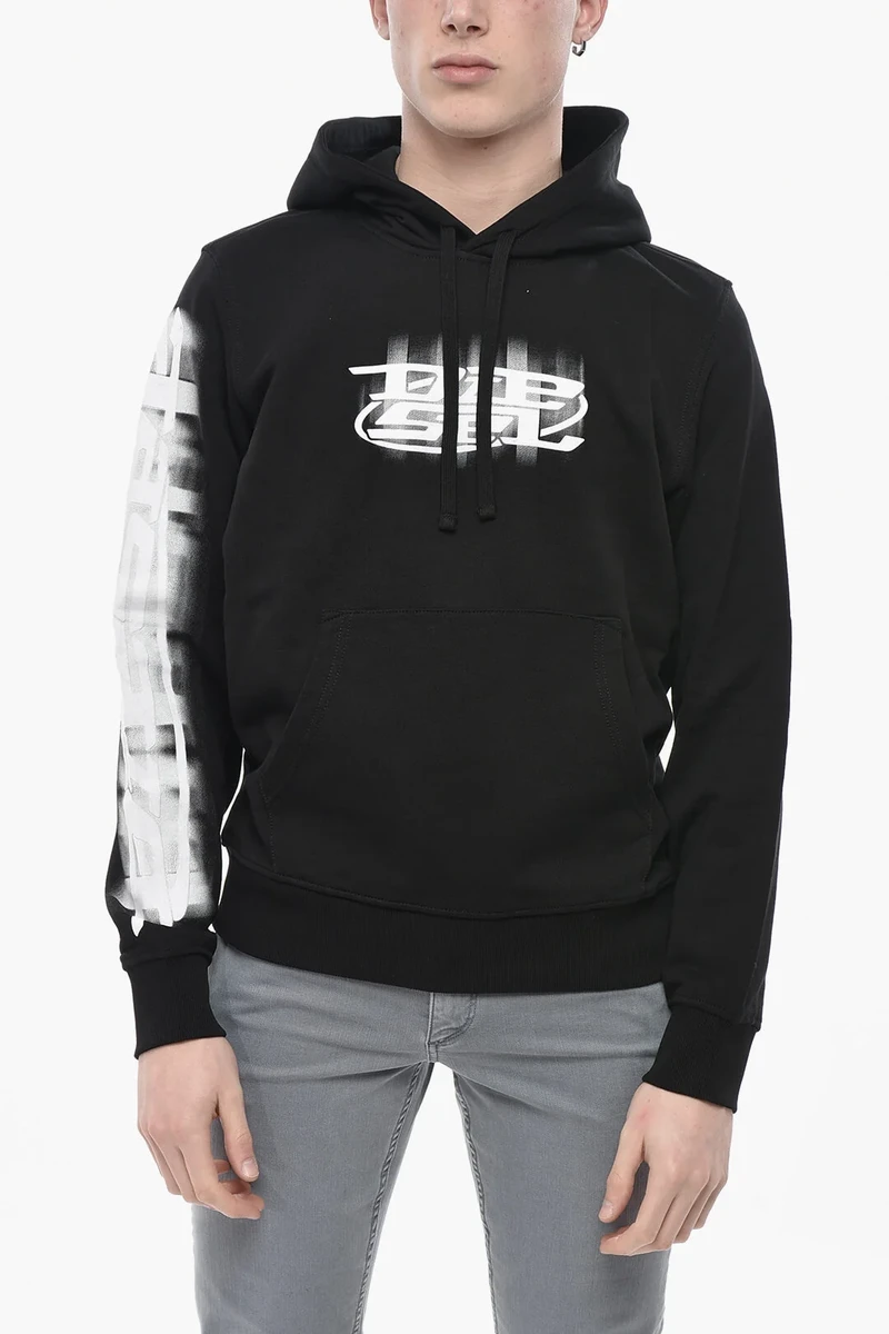 Diesel Brushed Cotton Hoodie S-GINN with Flocked Logo in Black