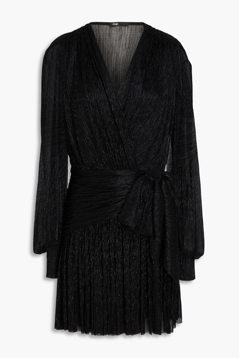 Maje Wrap-Effect Metallic Tulle Mini Dress in Black