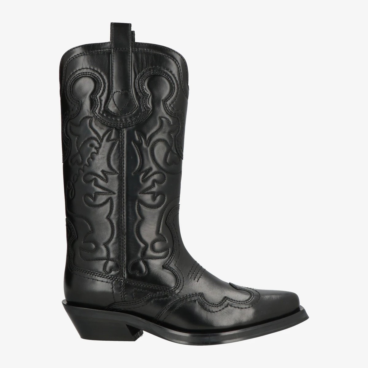 GANNI Embroidered Western Leather Boots in Black