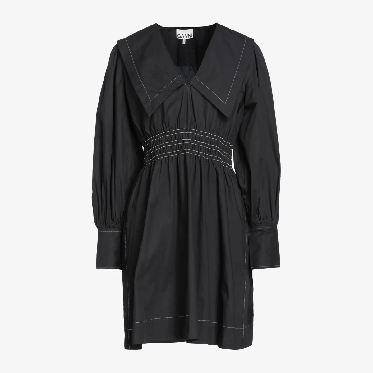 GANNI Sailor Collar Smocked Mini Dress — შავი