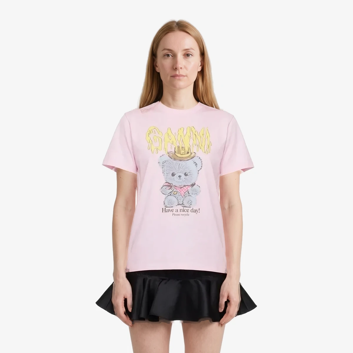 GANNI Pink Basic Cotton Jersey Cowboy Bear Print T-shirt in Pink