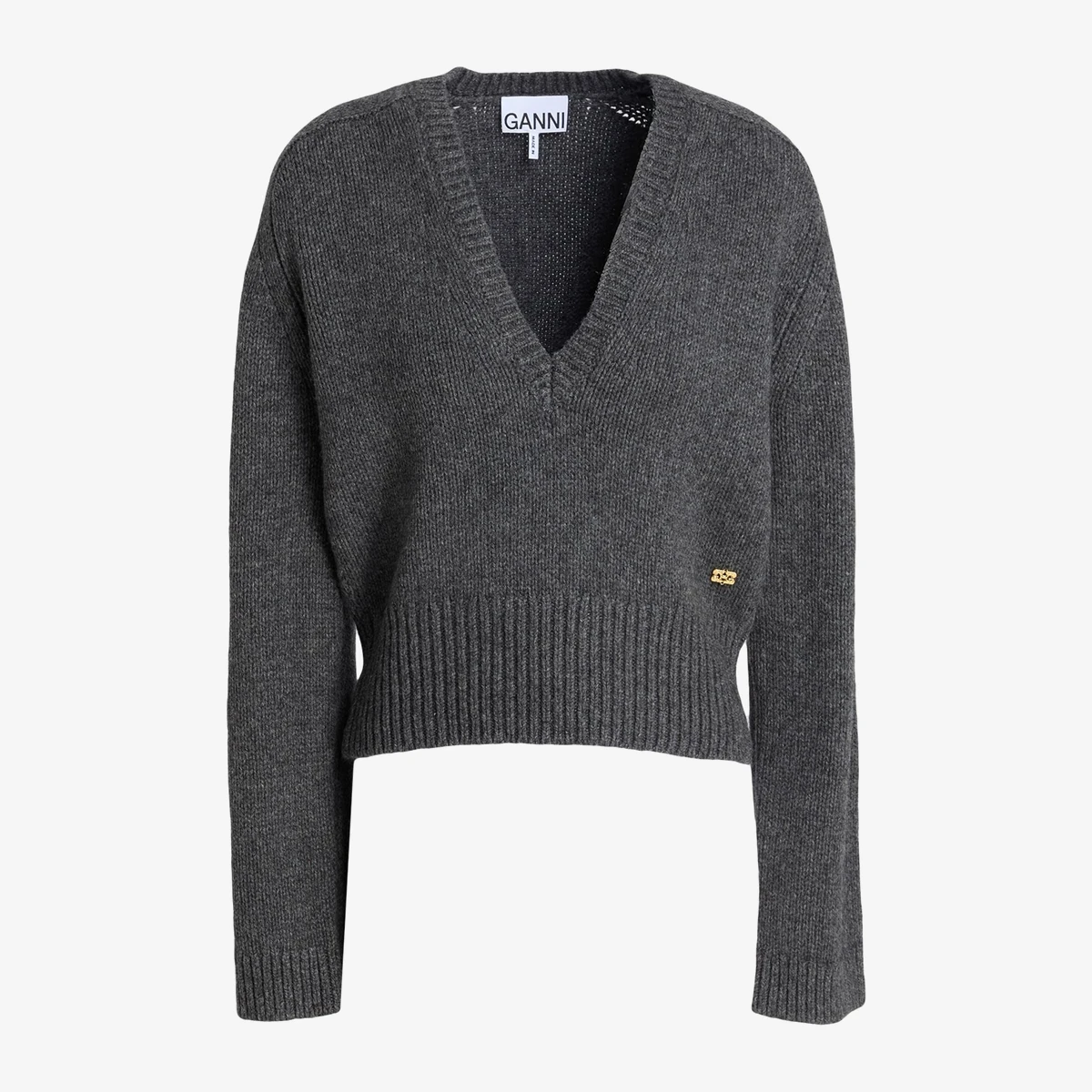 GANNI V-Neck Mélange Knit Sweater in Charcoal