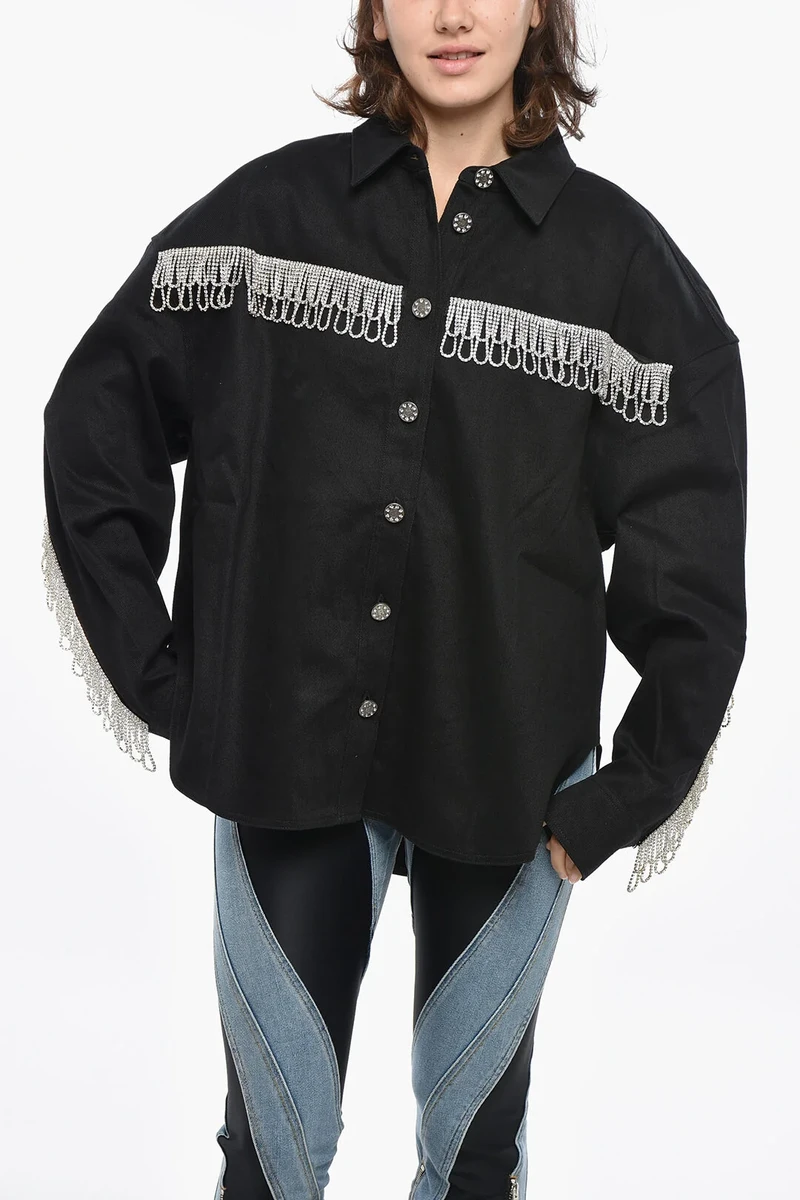 Rotate Twill Oversize-Fit Overshirt with Jewel Details in Black
