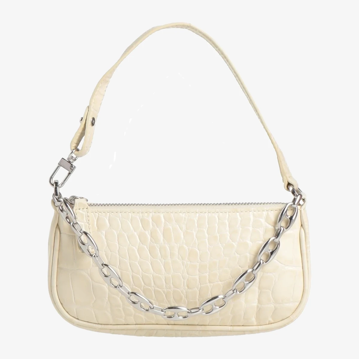 By Far Mini Croc-Effect Chain Baguette Bag in Cream