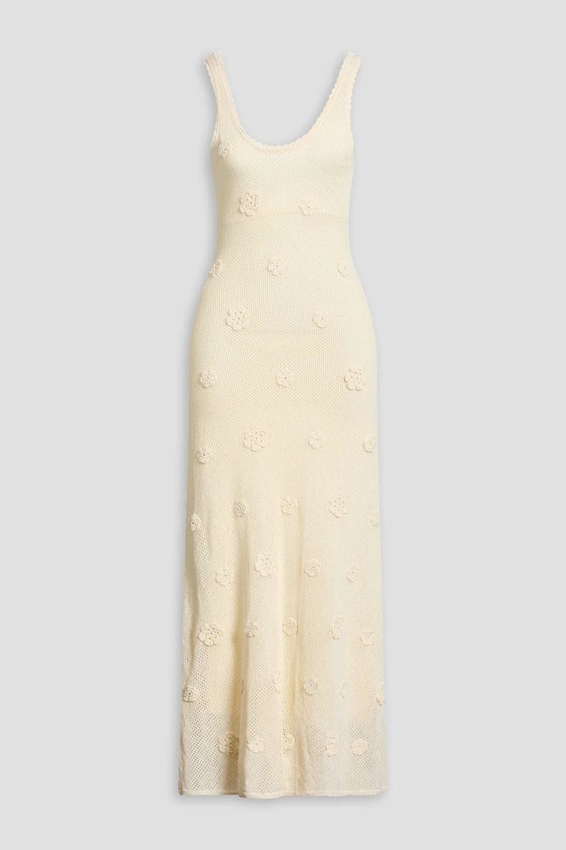 Sandro Floral-Appliquéd Crochet-Knit Maxi Dress in Ecru