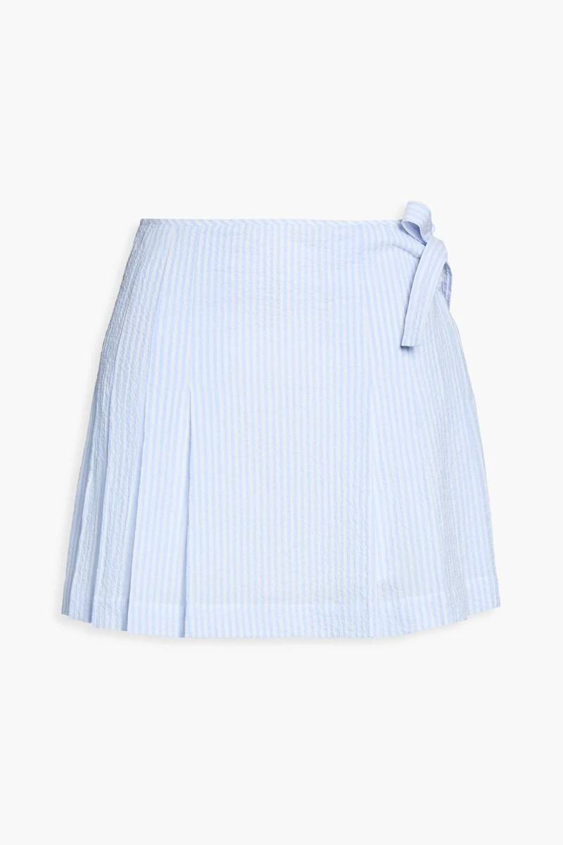 Sandro Pleated Striped Cotton-Blend Seersucker Mini Skirt in Light Blue