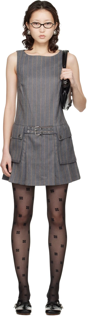 GANNI Gray Wool Stripe Belted Minidress in Grey