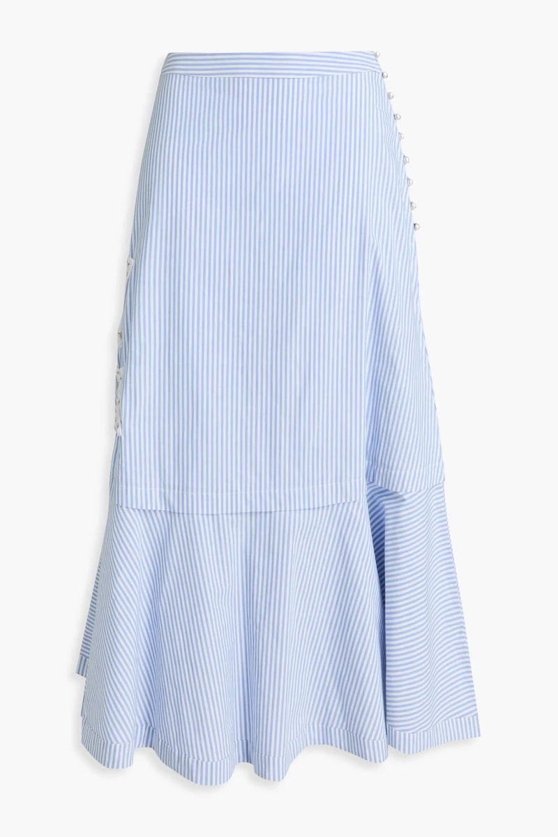 Sandro Floral-Appliquéd Striped Cotton-Blend Midi Skirt in Light Blue