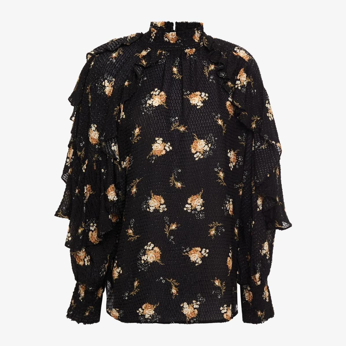 Maje Ruffled Floral-Print Fil Coupé Woven Blouse in Black