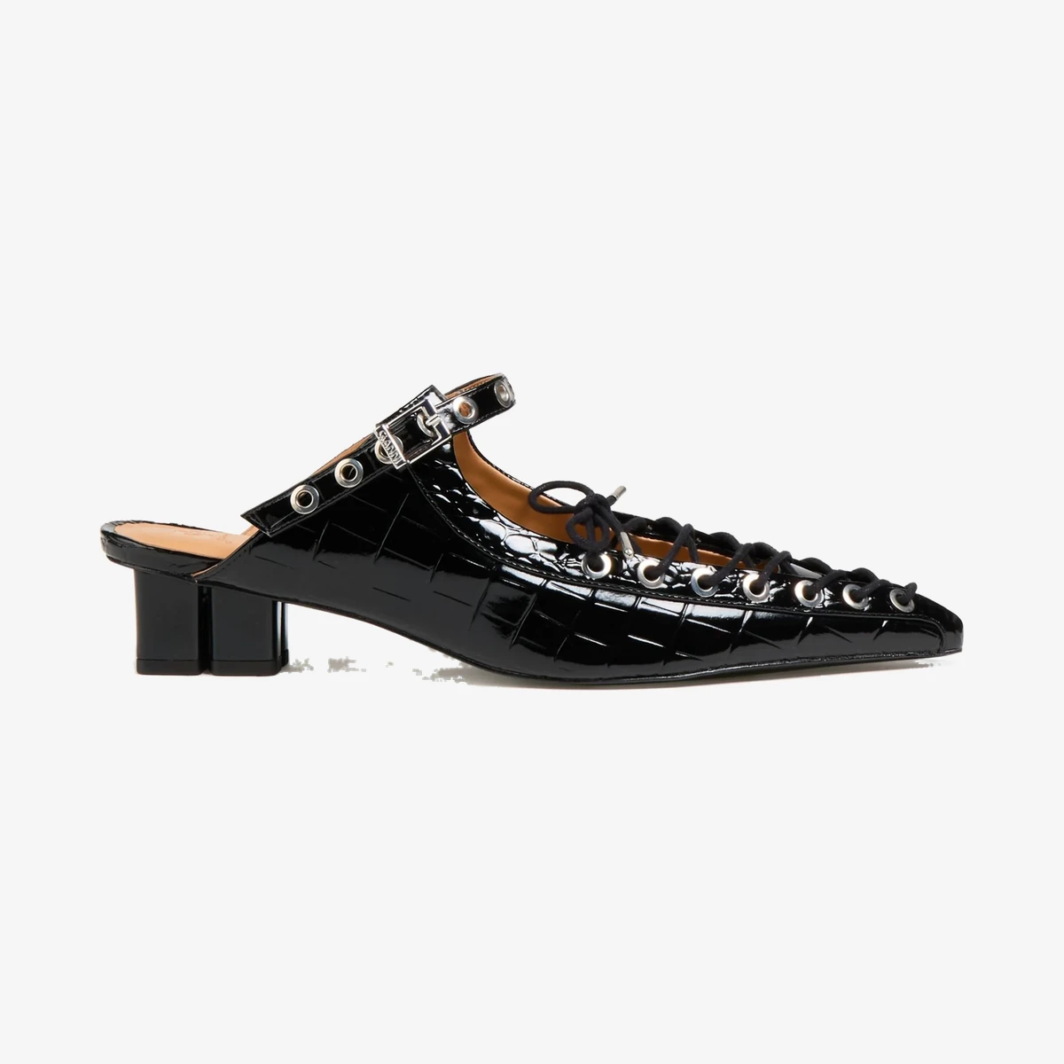 GANNI Lace-up glossed croc-effect mules in Black