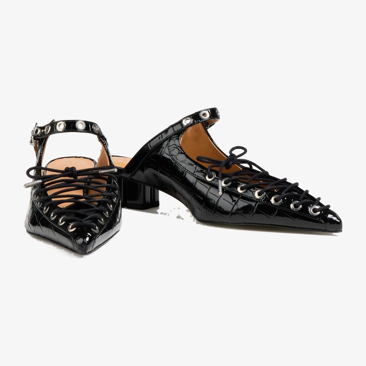 Lace-up glossed croc-effect mules вид 2