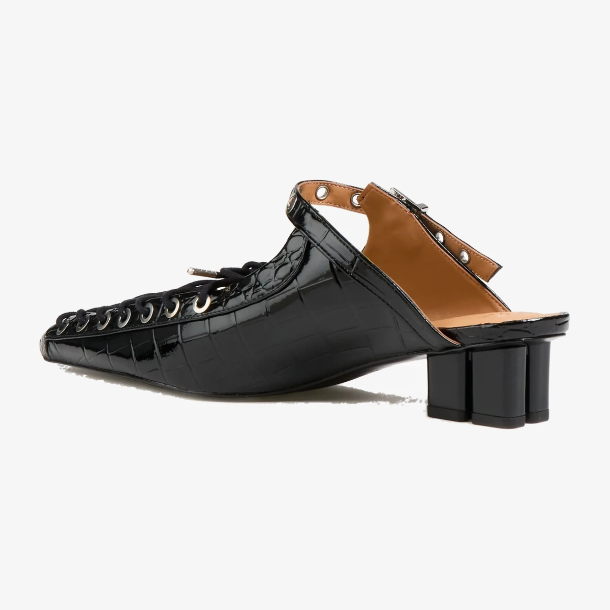Lace-up glossed croc-effect mules вид 3